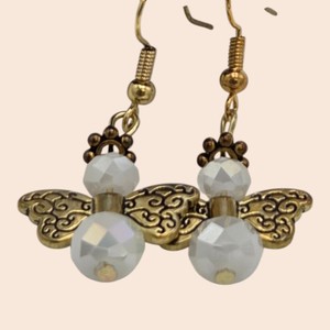 Gold-Tone Angel Wing White Faceted Bead Dangle Earrings