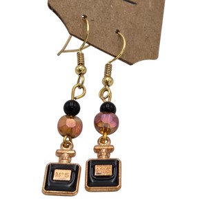 Black & Gold No. 5 Perfume Bottle Charm Beaded Dangle Earrings