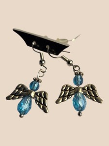 Handmade Blue Beaded Angel Wing Dangle Earrings with Silver-Tone Hooks