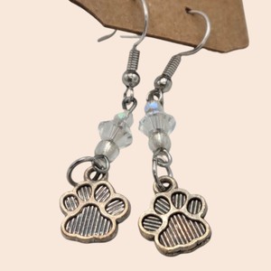 Handmade Silver-Tone Paw Print Charm Dangle Earrings with Clear Faceted Beads