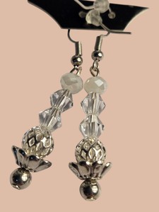 Silver-Tone Clear Faceted Bead Dangle Earrings with Filigree Accents