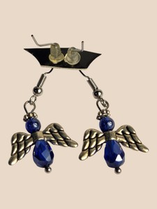 Handmade Blue Beaded Angel Wing Dangle Earrings  Silver-Tone Fishhook Pair
