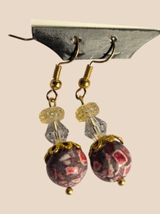 Gold-Tone Red & Cream Marbled Bead Dangle Earrings  Fishhook Pair