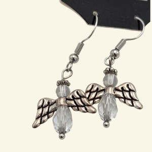 Silver-Tone Angel Wing Clear Beaded Dangle Earrings  Fishhook Pair