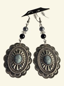 Large Silver-Tone Western Concho Dangle Earrings with Gray Stone-Look Cabochons