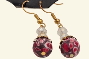 Gold-Tone Red Patterned Bead Dangle Earrings with Clear Faceted Accents