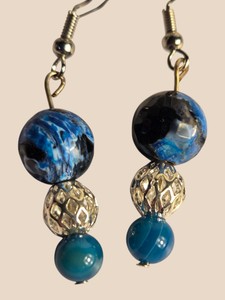 Handmade Blue Black Marbled Bead Dangle Earrings with Silver-Tone Filigree Accents