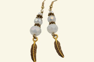 Handmade White Faceted Bead & Gold-Tone Feather Dangle Fishhook Earrings