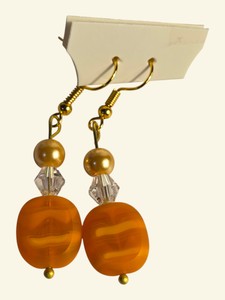 Orange Swirl Bead, Clear Crystal & Gold-Tone Dangle Earrings