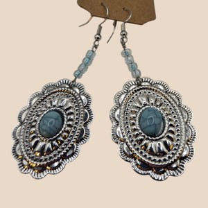Large Silver-Tone Southwestern Style Turquoise-Color Concho Dangle Earrings