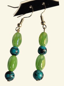 Green & Turquoise-Color Beaded Long Dangle Fishhook Earrings