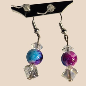 Purple Blue Marbled & Clear Faceted Bead Dangle Earrings