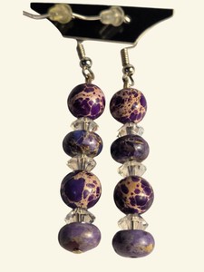 Handmade Purple Marbled Bead & Clear Faceted Crystal Dangle Earrings