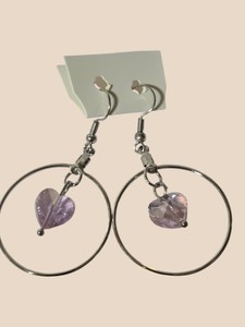 Large Silver-Tone Hoop Earrings with Pink Faceted Heart Dangles