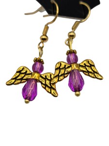Purple Beaded Angel Dangle Earrings with Gold-Tone Wings