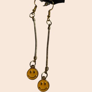 Yellow Smiley Face Long Chain Dangle Earrings with Gold-Tone Hooks