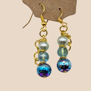 Blue Purple Beaded Dangle Earrings with Faux Pearl & Gold-Tone Hooks