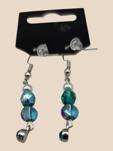 Teal Blue Faceted Bead Dangle Earrings with Rhinestone Drops