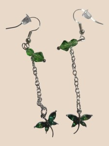 Green Dragonfly Charm Chain Dangle Earrings with Faceted Beads