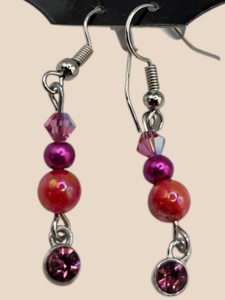 Pink & Red Beaded Dangle Earrings  Silver-Tone Hooks & Rhinestone-Style Drops