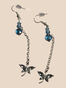 Blue Beaded Dragonfly Long Chain Dangle Earrings