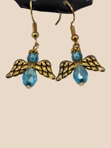 Blue Beaded Angel Gold-Tone Wing Dangle Earrings