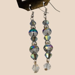 Long Iridescent Faceted Bead Silver-Tone Dangle Earrings