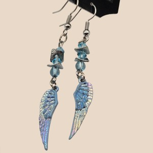 Blue Iridescent Angel Wing Beaded Silver-Tone Dangle Earrings
