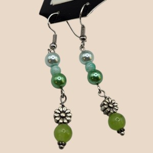 Green Faux Pearl & Flower Beaded Silver-Tone Dangle Earrings