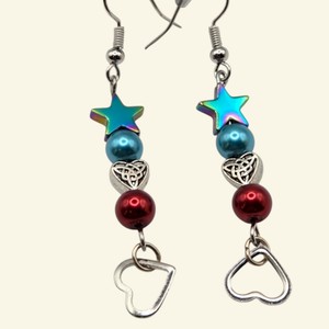 Iridescent Star, Celtic Heart & Faux Pearl Dangle Earrings