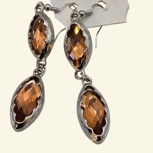 Amber Orange Faceted Double-Drop Dangle Earrings  Silver Tone