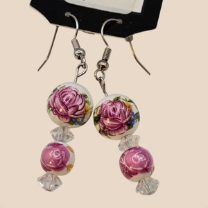 Pink Rose Floral Beaded Dangle Earrings  Silver-Tone Fishhook