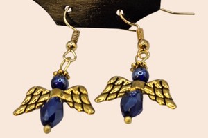 Blue Beaded Angel Wing Dangle Earrings  Gold-Tone Fishhook