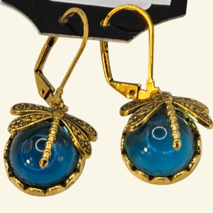 Gold-Tone Dragonfly Dangle Earrings with Blue Cabochon Beads