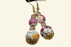 Gold-Tone Floral Print Beaded Dangle Earrings with Crystal Accents