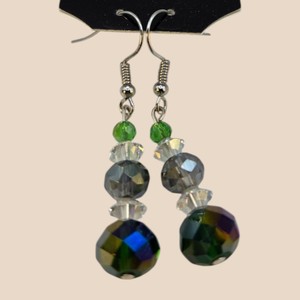 Green, Clear & Smoky Gray Faceted Bead Dangle Earrings