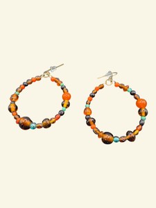 Oversized Orange, Black & Turquoise Beaded Hoop Dangle Earrings