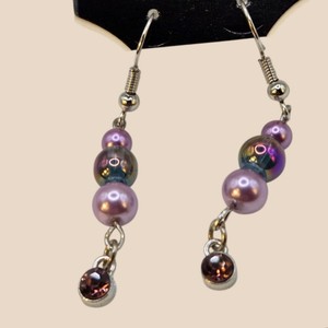 Purple Faux Pearl & Iridescent Beaded Rhinestone Dangle Earrings