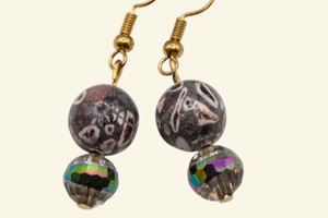 Brown Patterned & Iridescent Faceted Bead Dangle Earrings