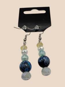 Blue Black Marbled & White Faceted Bead Dangle Earrings
