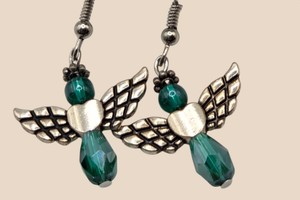 Green Faceted Bead Angel Dangle Earrings with Silver-Tone Wings