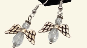 Clear Faceted Bead Angel Dangle Earrings with Silver-Tone Wings