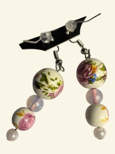 Pink Rose Floral Bead Dangle Earrings with Clear Accent Beads