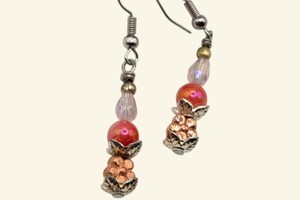 Pink Floral Bead Dangle Earrings with Rose Gold & Silver-Tone Accents