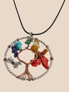 Tree of Life Multicolor Stone Chip Pendant Necklace on Black Cord
