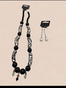 Black & Silver-Tone Beaded Necklace with Faux Pearl Dangle Earrings Set