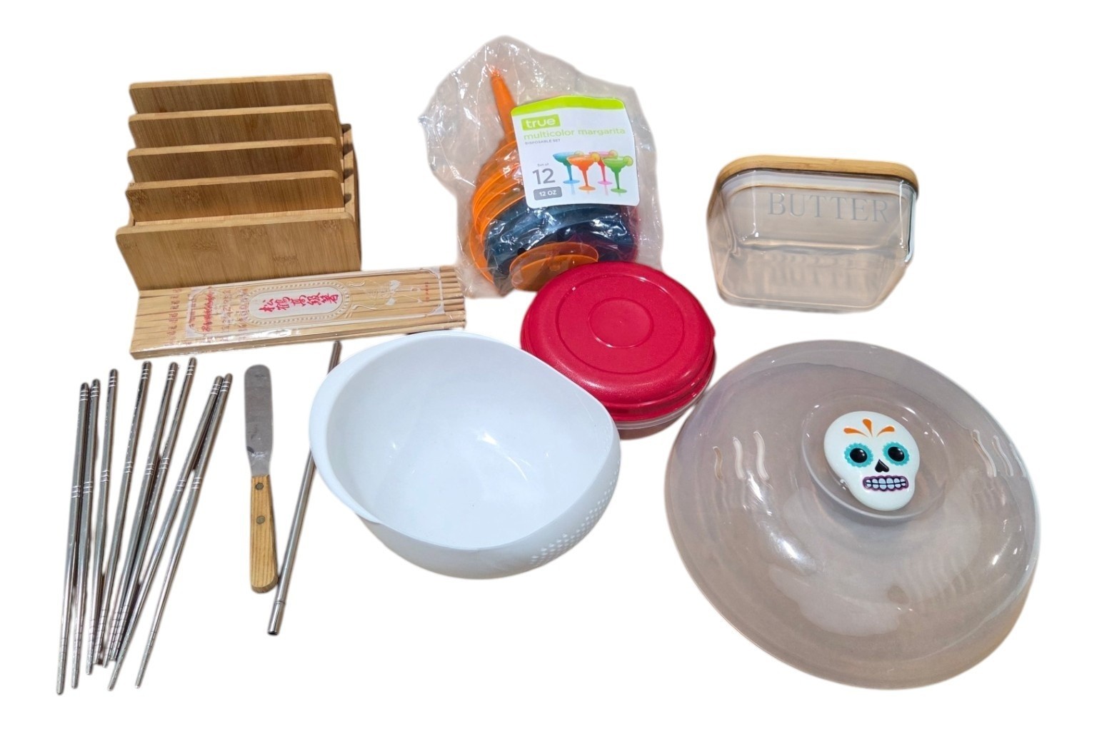 Assorted Kitchen Lot – Bamboo Organizer, Butter Dish, Chopsticks