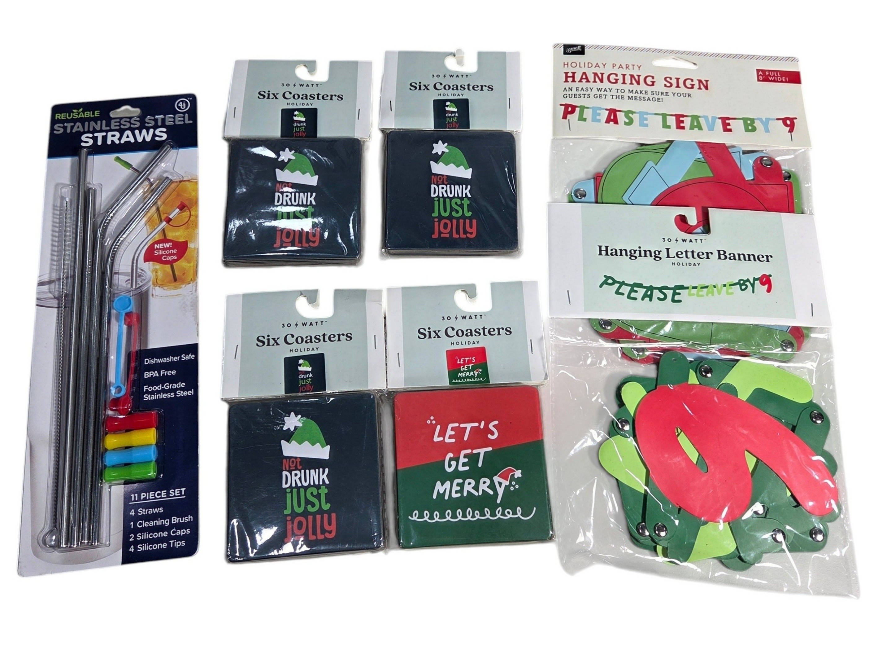 Holiday Party Lot  Stainless Steel Straws, Christmas Coasters & Please Leave By 9 Banners