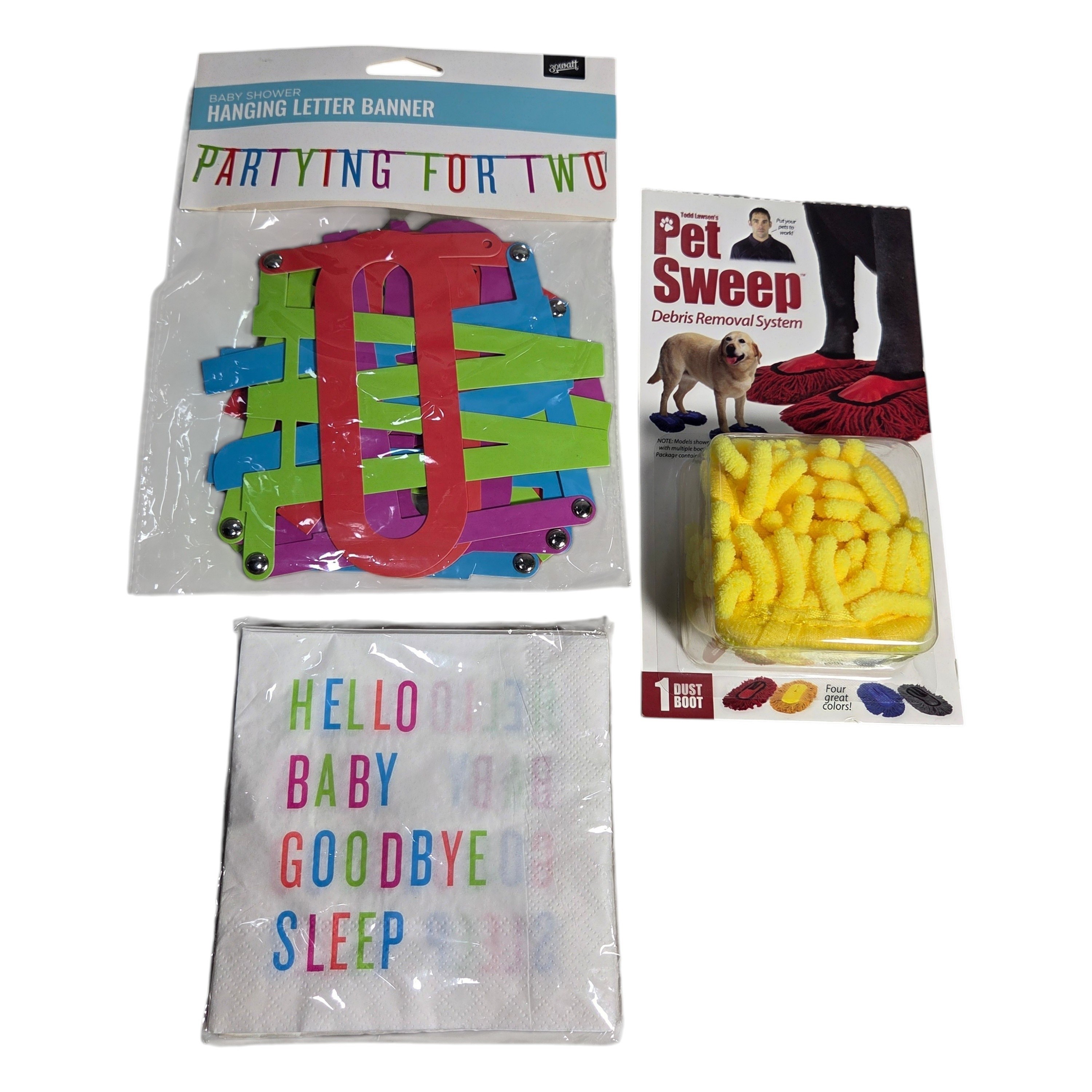 30 Watt Baby Shower Banner, Goodbye Sleep Napkins & Pet Sweep Dust Boot Lot