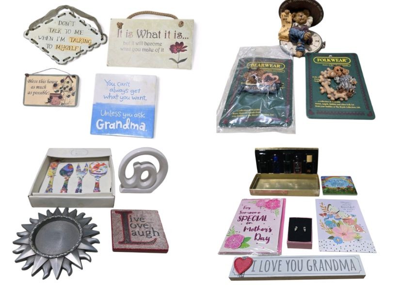 Home Decor & Gift Lot  Boyds Bears, Signs, Cards, Earrings, Perfume & Decorative Items